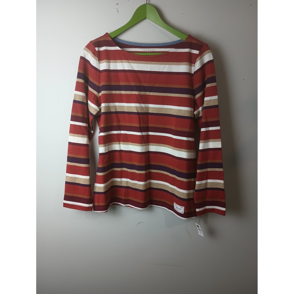 Talbots Authentic Striped Long Sleeve Cotton Tee Red Multi Petite Medium NWT